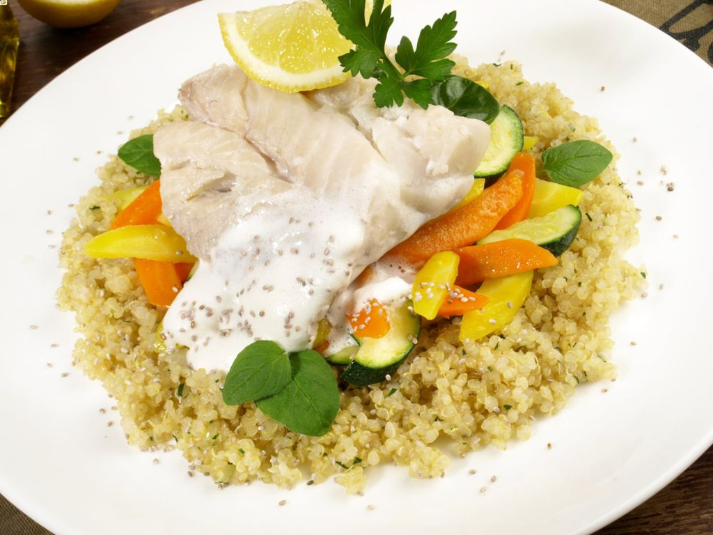 Whiting with vegetables and quinoa