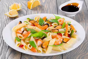 Fresh pasta salad with seafood