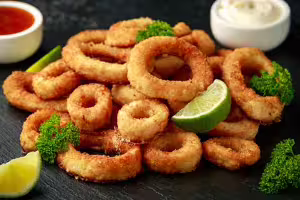 Fried squid fritters with lemon